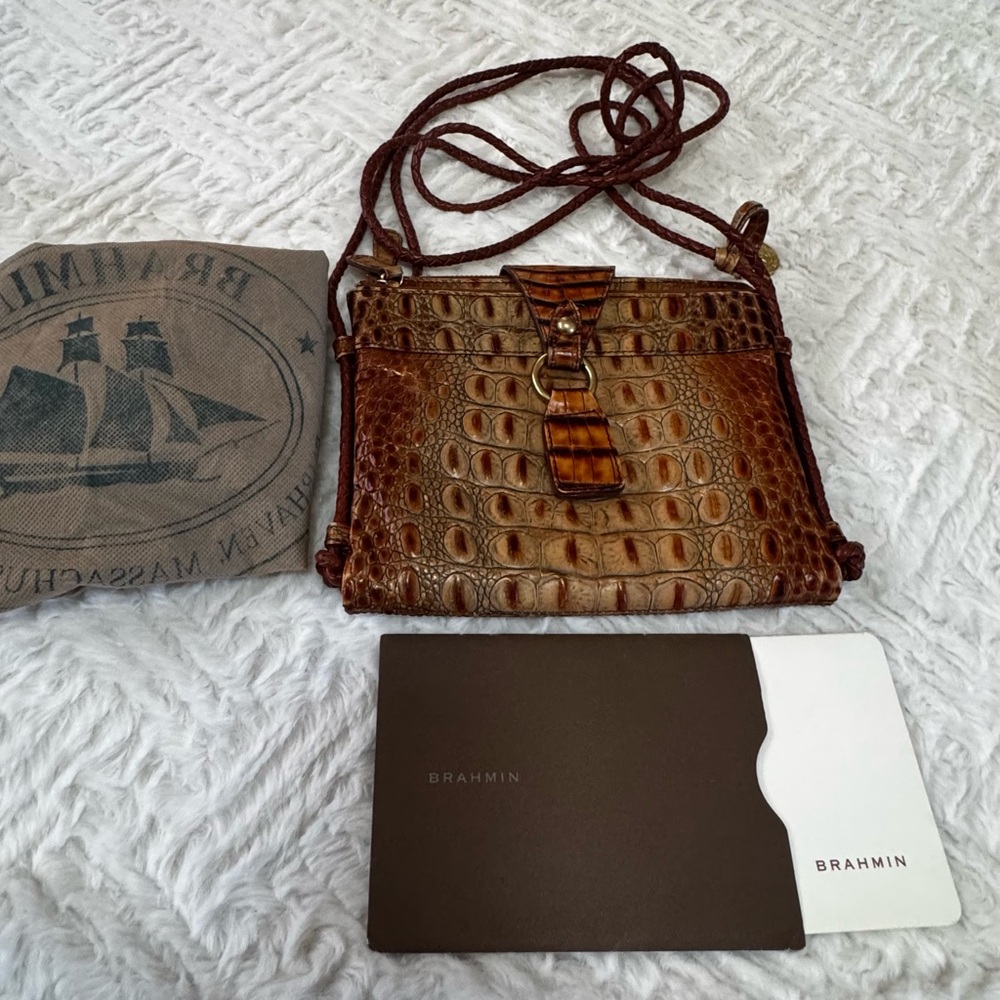 Brahmin Croc Embossed Leather Crossbody Bag Brown w/ Dust Bag